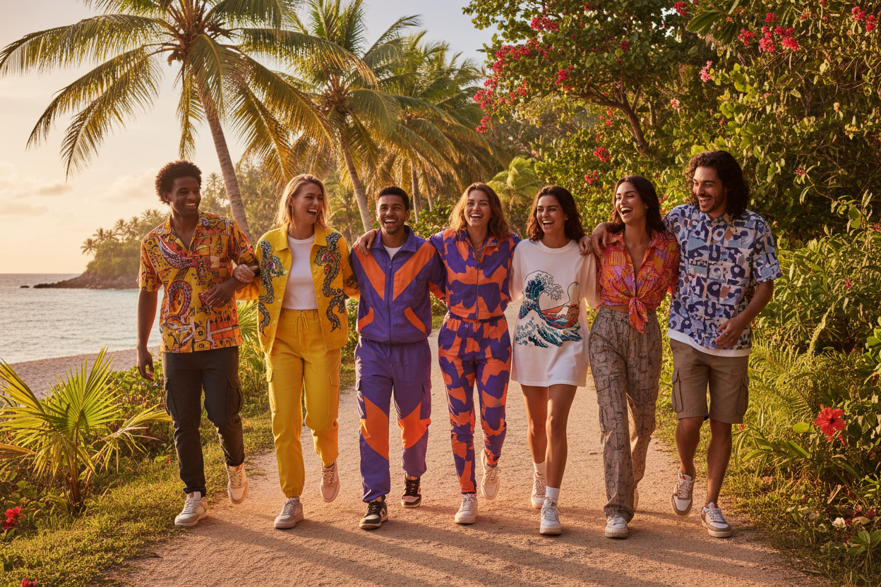 Happy group traveling on a tropical island